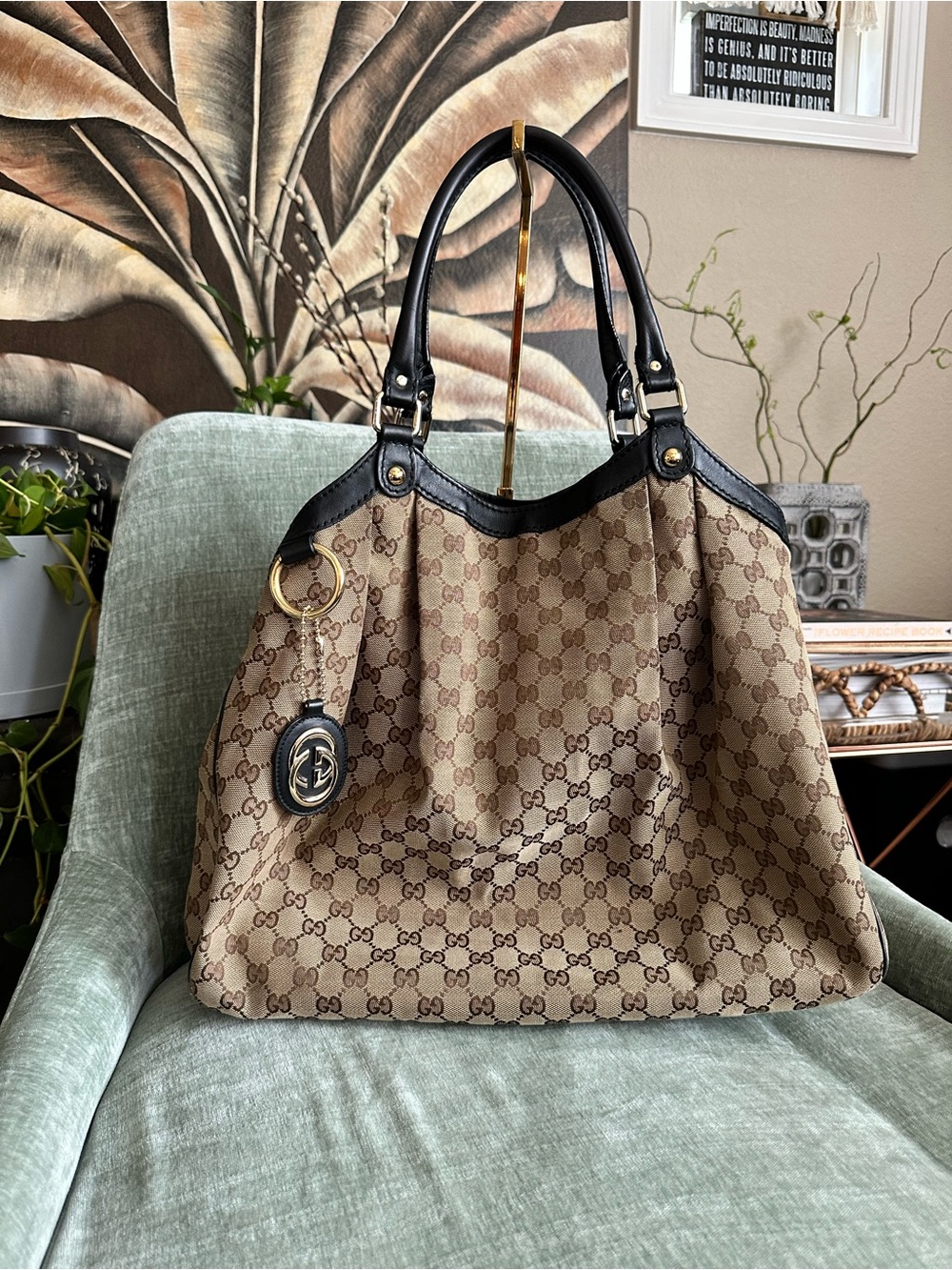 Gucci Beige Brown GG Canvas Tote with Black Leather Trim
